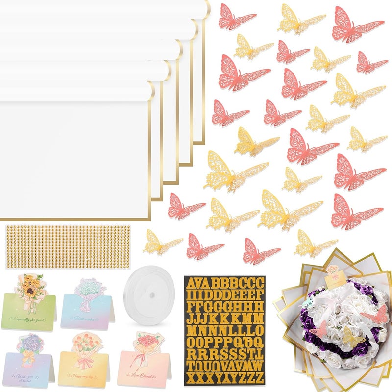 Besuper 52Pcs Flower Bouquet Wrapping Paper Kit, 20 Sheets White Waterproof Floral Wrapping Paper, 1 Letter 1 Rhinestone Sticker, 12 Gold 12 Pink Butterflies, 5 Cards, 1 White Ribbon (Gold Edge) - Image 1